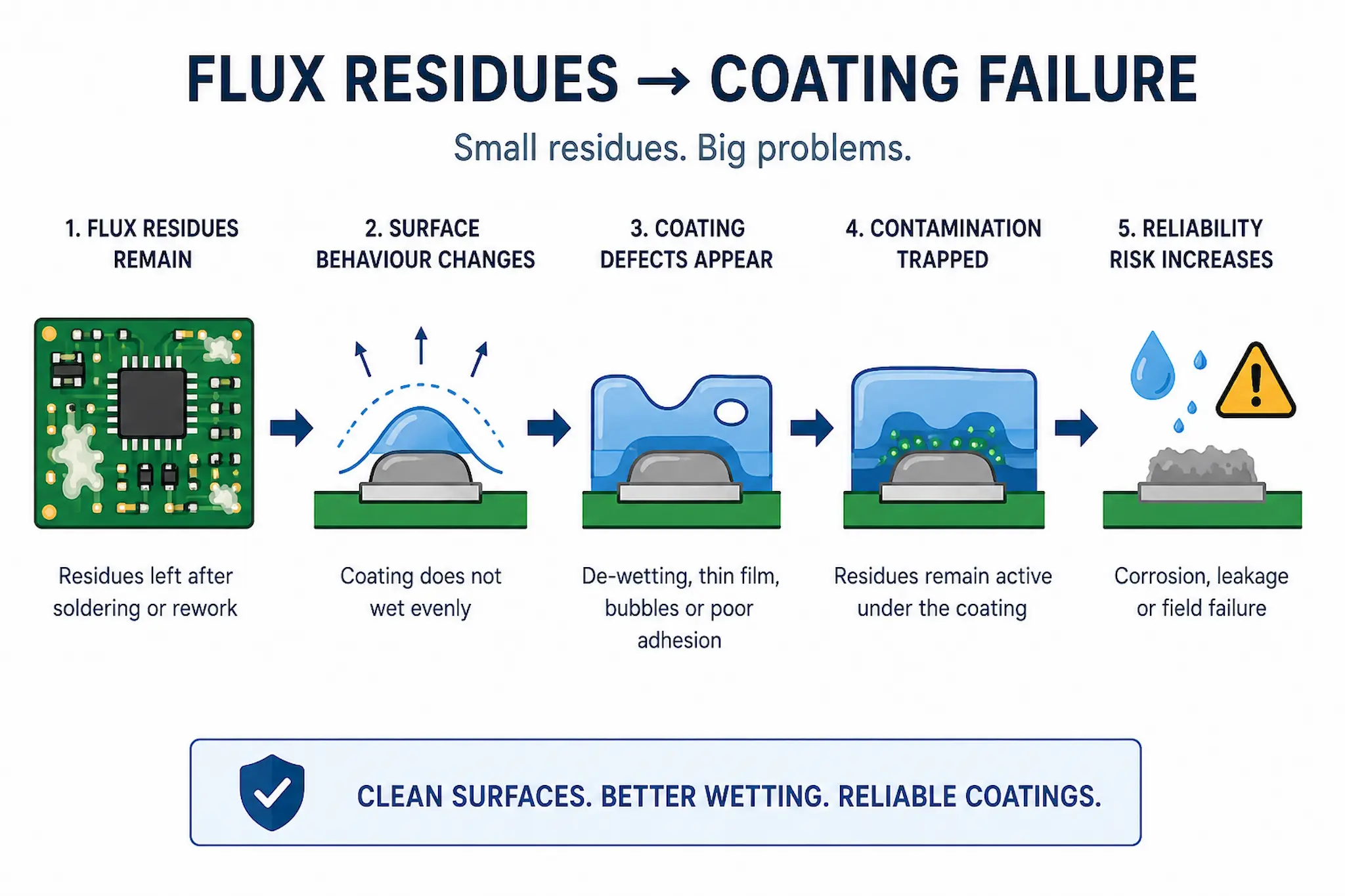 Infographic showing how flux residues cause conformal coating failure through de-wetting, trapped contamination, corrosion and reliability problems.
