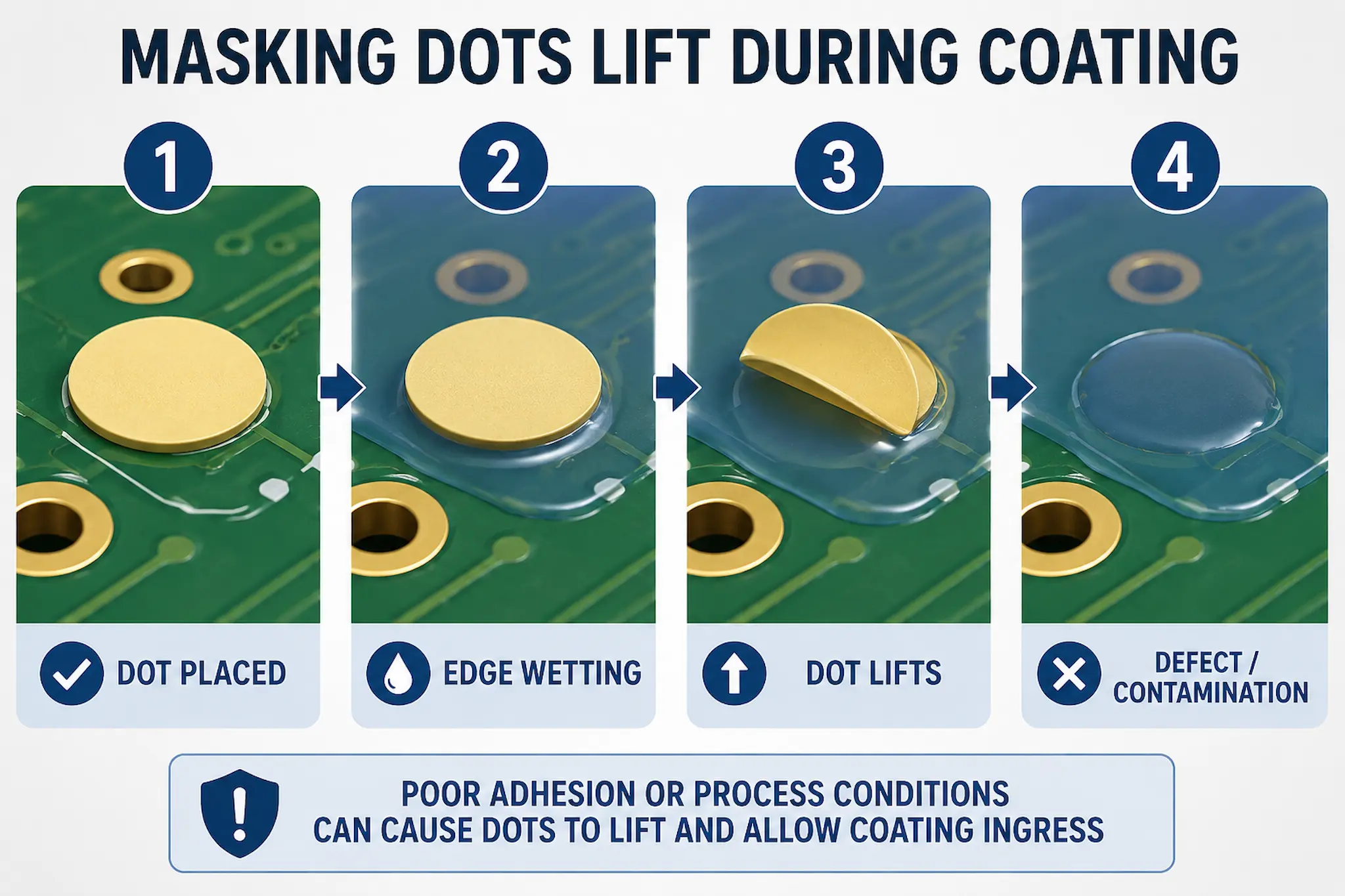 Masking dot lifting during conformal coating allowing coating ingress into a protected PCB area
