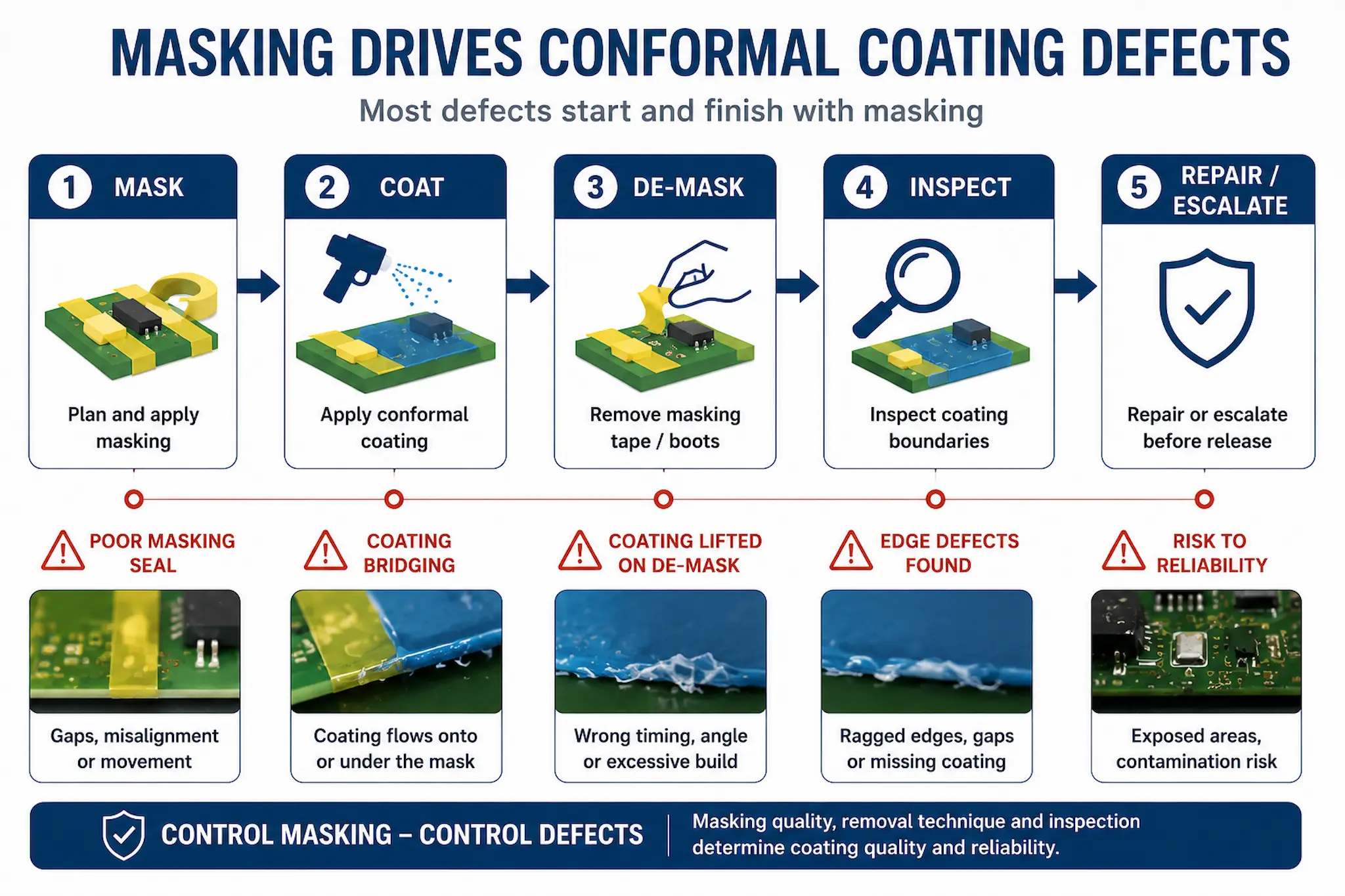 Infographic showing how masking errors create conformal coating defects through poor sealing, coating bridging, de-masking damage, inspection failures and reliability risks.