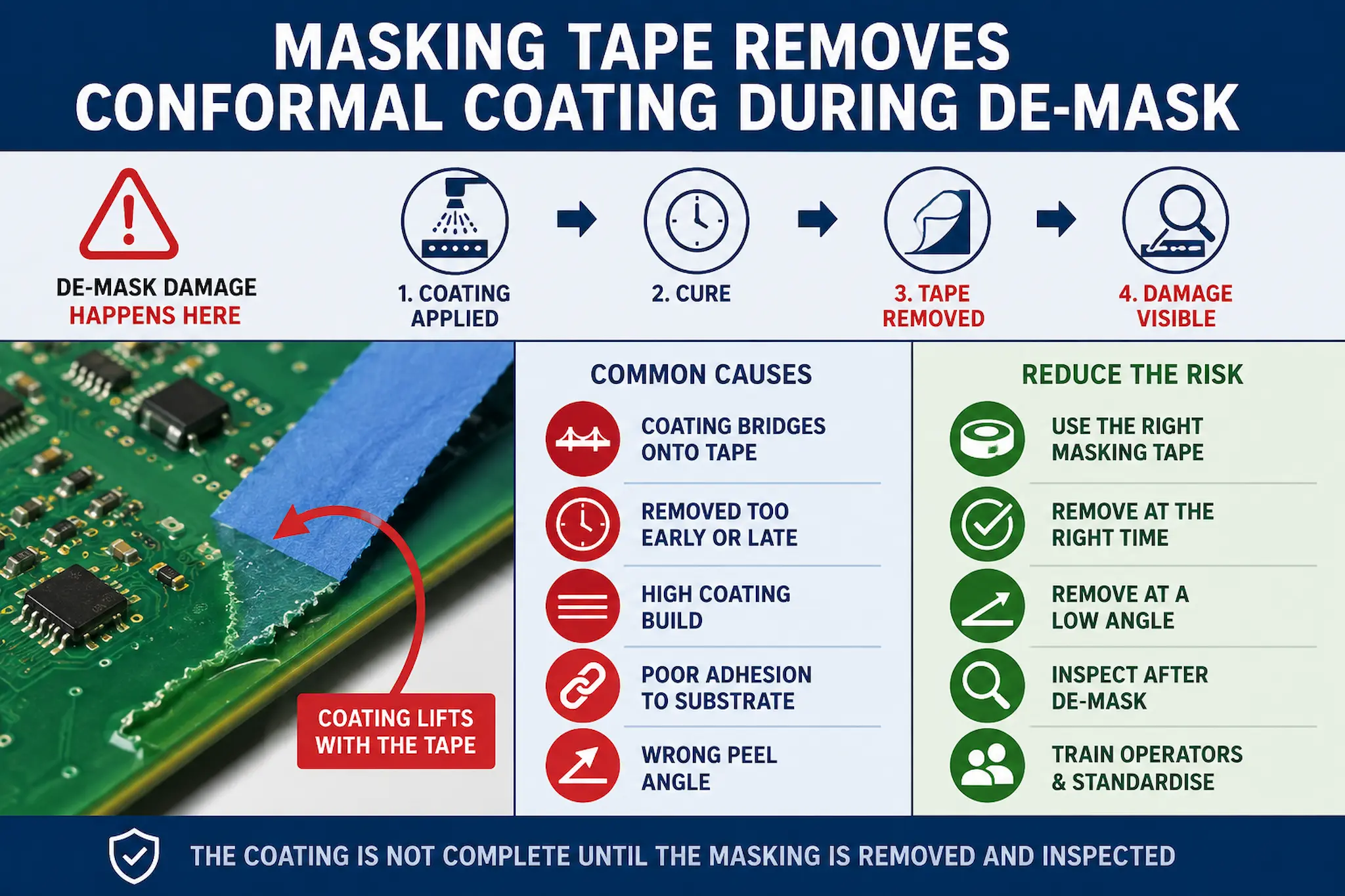 Conformal coating lifting from a PCB edge during masking tape removal showing a common de-masking defect caused by coating bridging and incorrect tape removal.