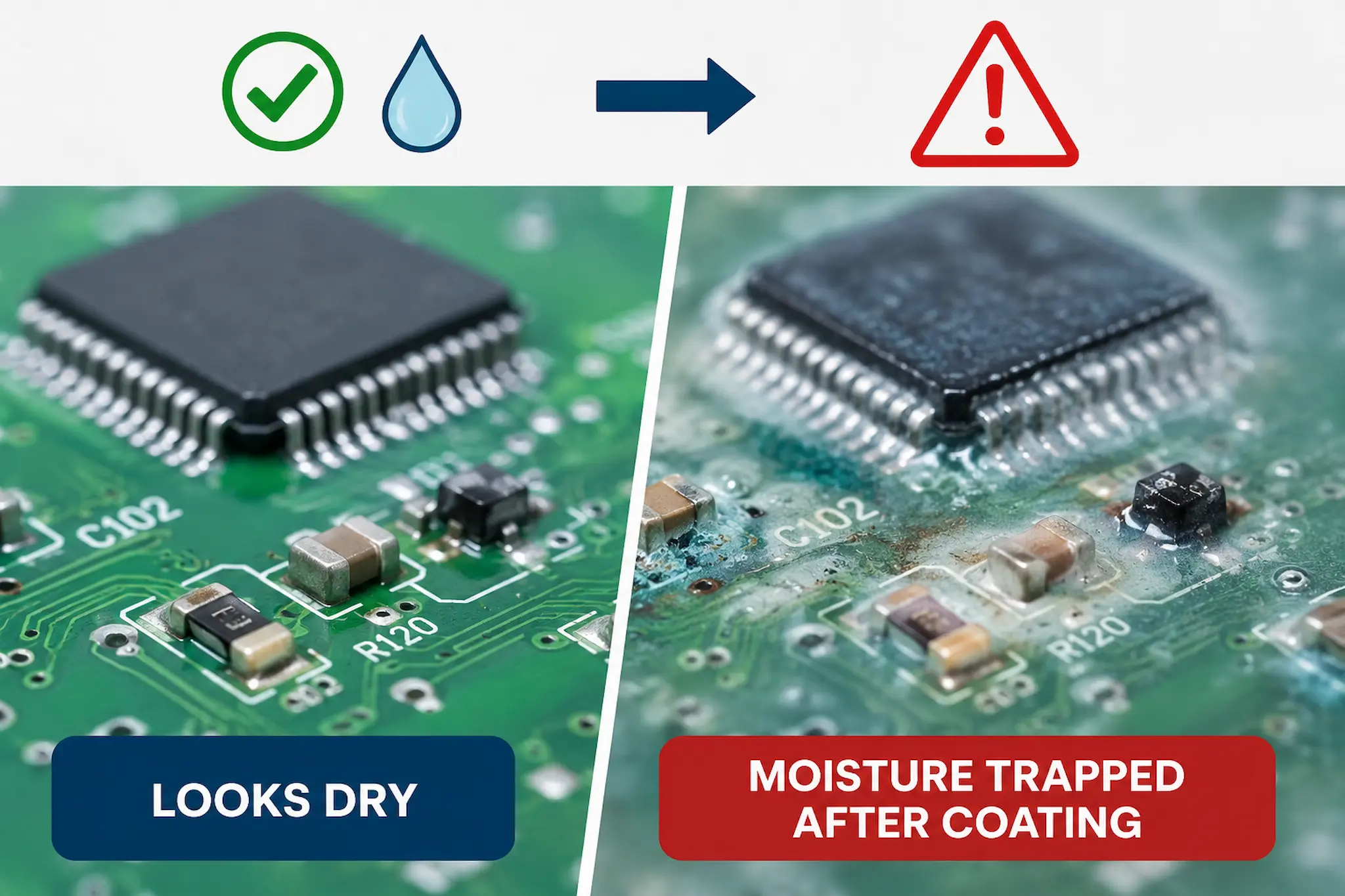 Moisture trapped beneath conformal coating causing corrosion and reliability failures on a PCB assembly