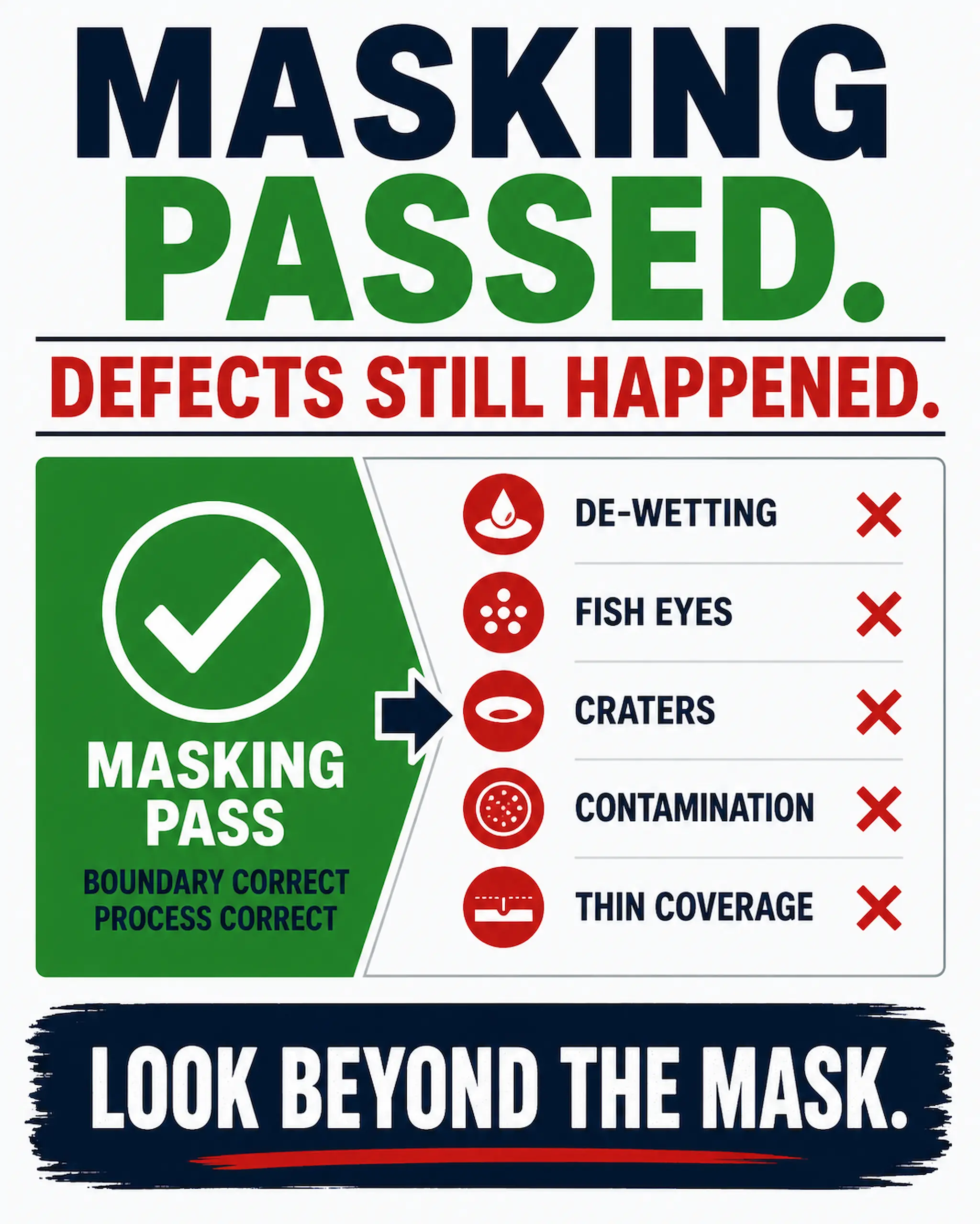 Infographic showing that perfect conformal coating masking can still result in coating defects including de-wetting, fish eyes, craters, contamination and thin coverage.