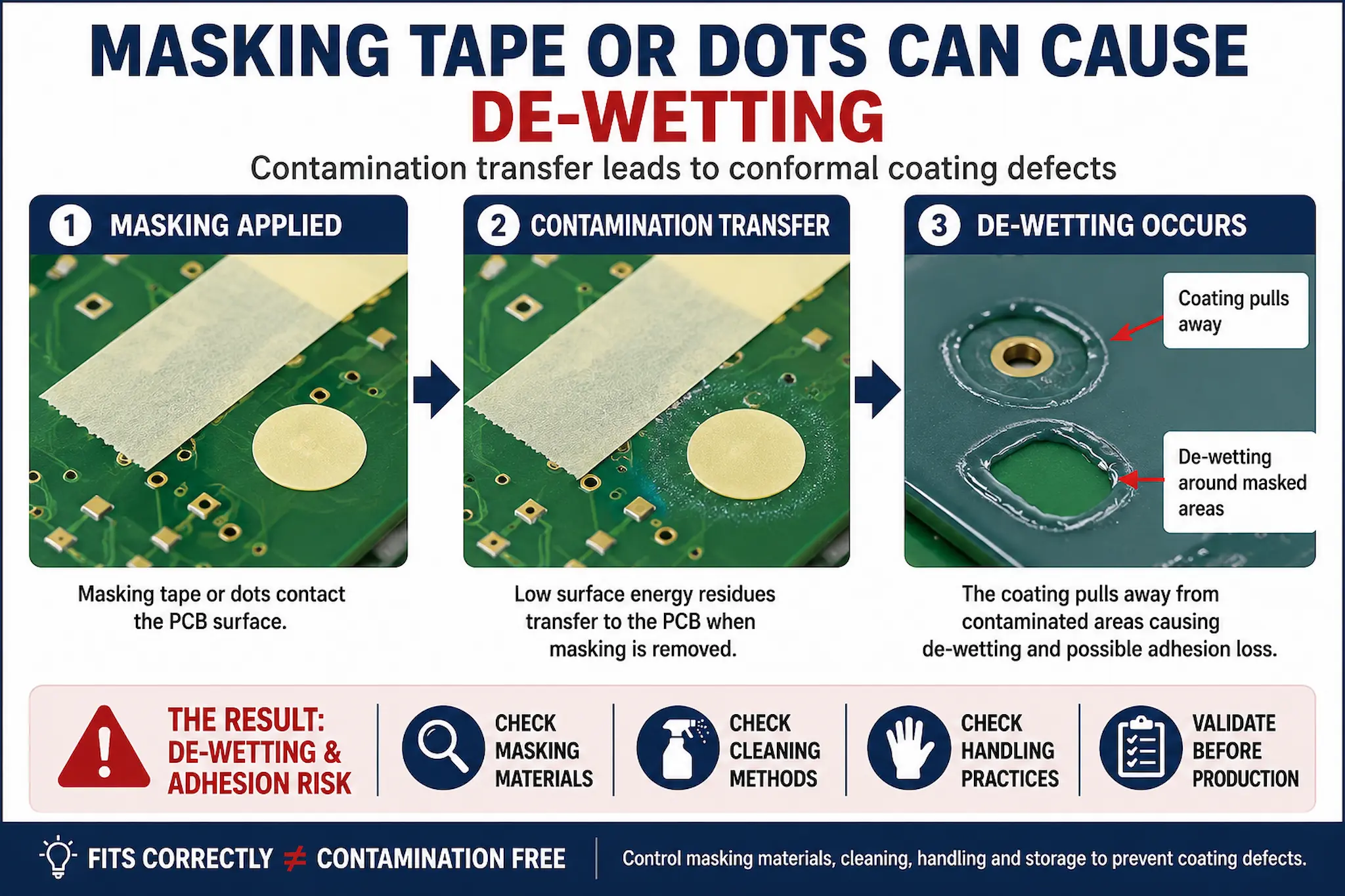 Infographic showing masking tape and masking dots transferring contamination to a PCB surface, resulting in de-wetting and conformal coating adhesion defects.