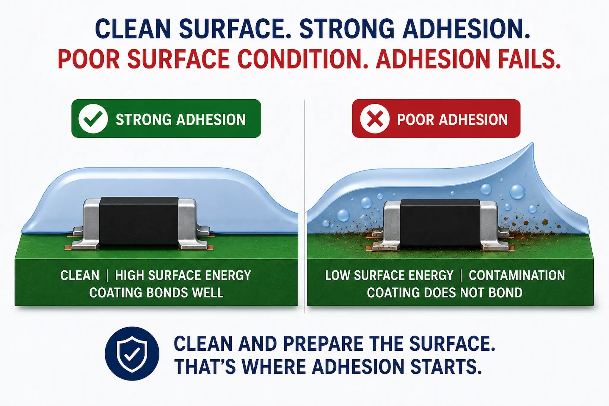 Conformal coating adhesion failure showing good adhesion on a high surface energy PCB compared with poor adhesion caused by low surface energy and contamination.