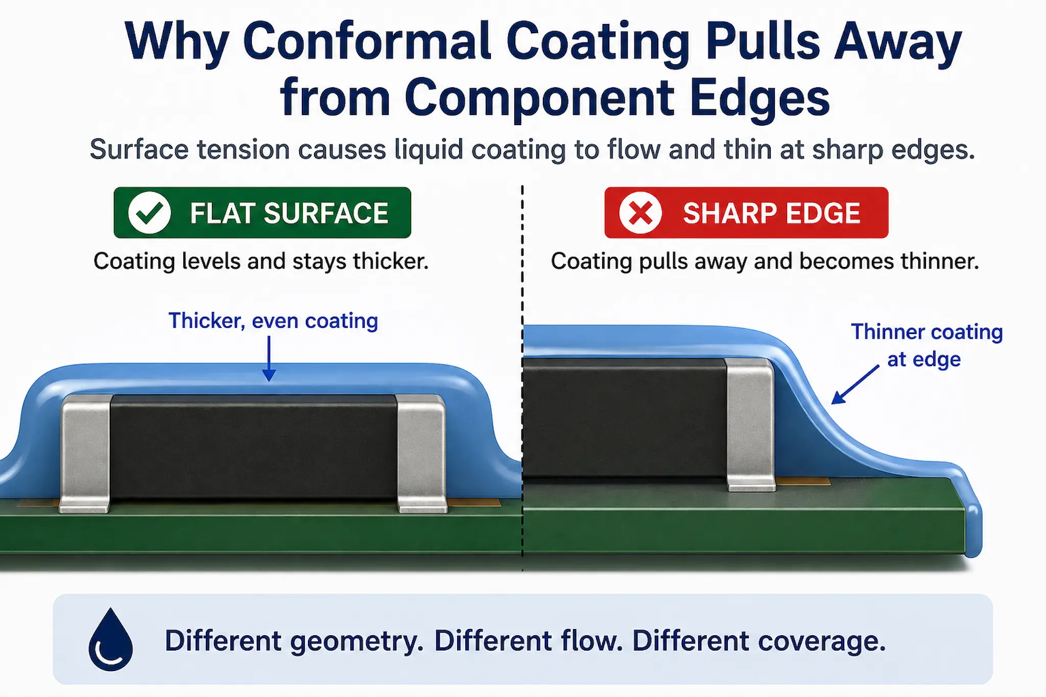 Conformal coating edge coverage showing how surface tension can cause coating to become thinner around sharp component edges.