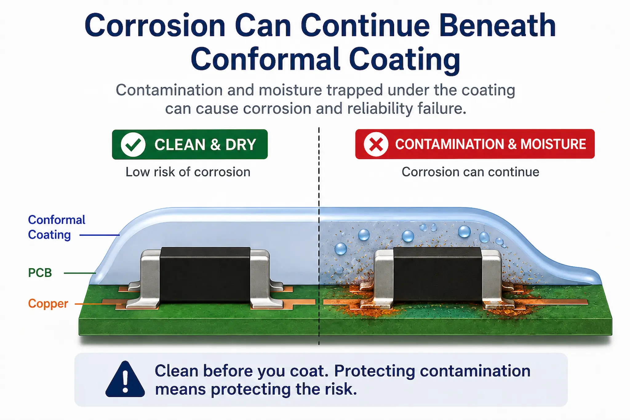 Corrosion under conformal coating caused by contamination and moisture trapped between the coating and PCB surface.
