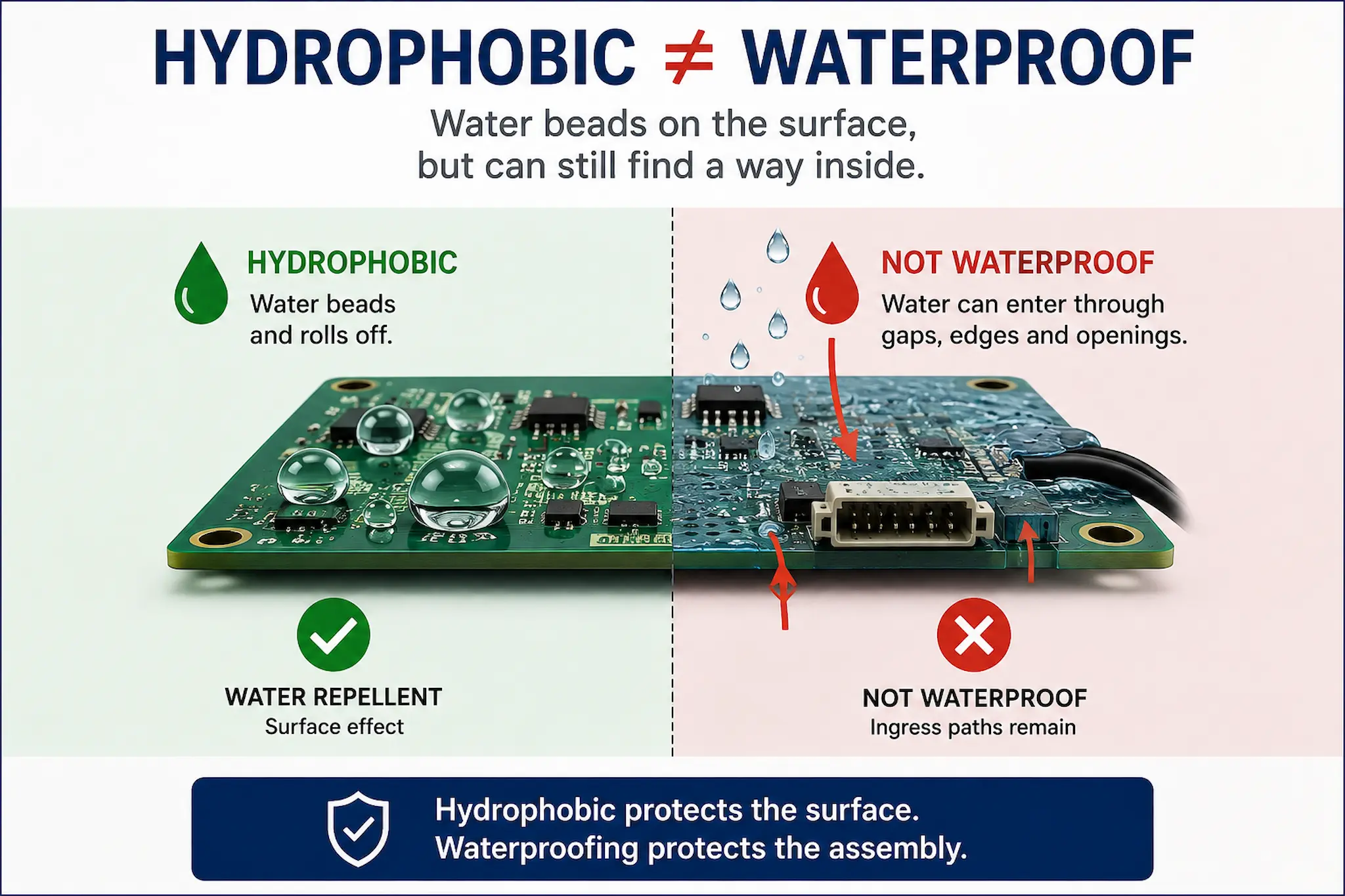 Hydrophobic coating repels water from a surface but does not make an electronic assembly waterproof because water ingress paths can remain.