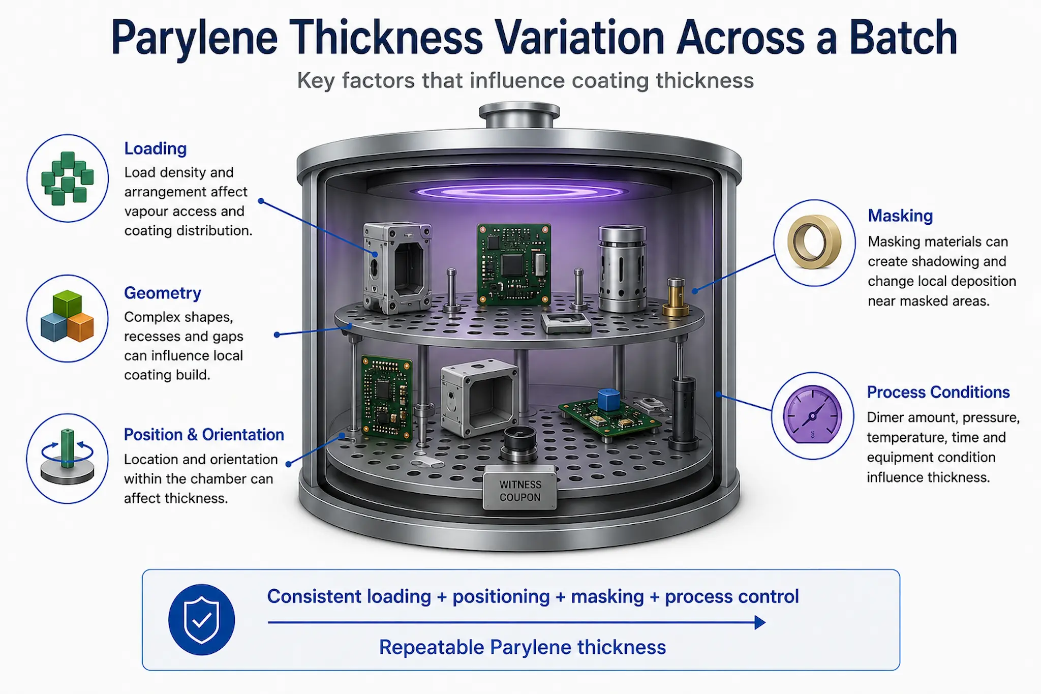 Parylene thickness variation across a batch showing how loading, geometry, position, masking and process conditions influence coating thickness.