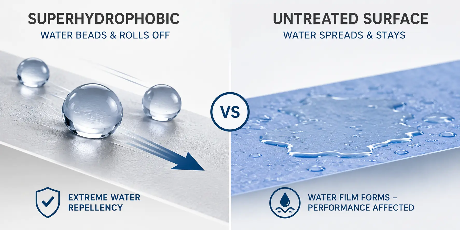 Superhydrophobic coating showing water beading and rolling off compared with water film formation on an untreated surface.