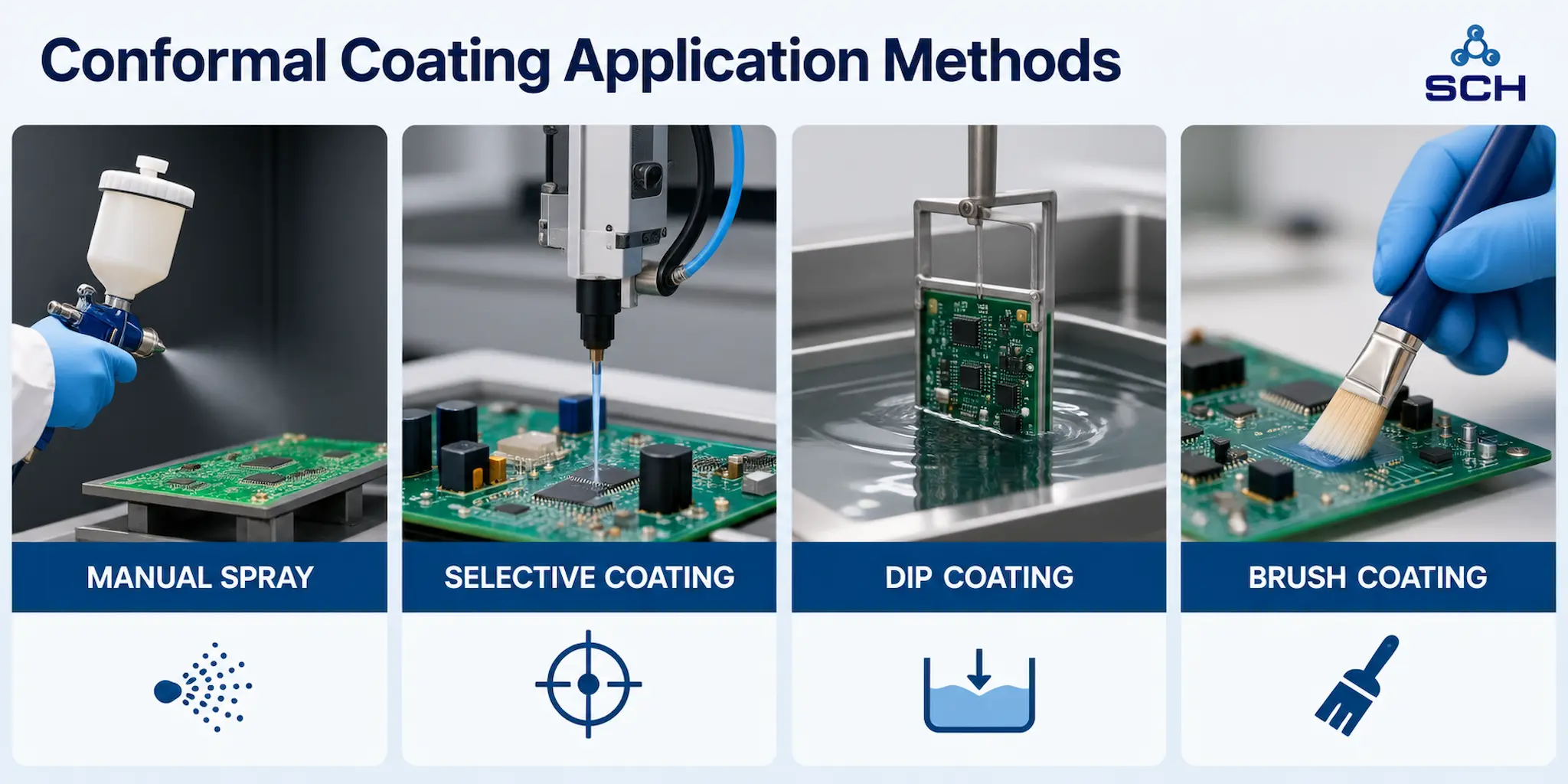 Conformal coating application methods showing manual spray, selective coating, dip coating and brush coating